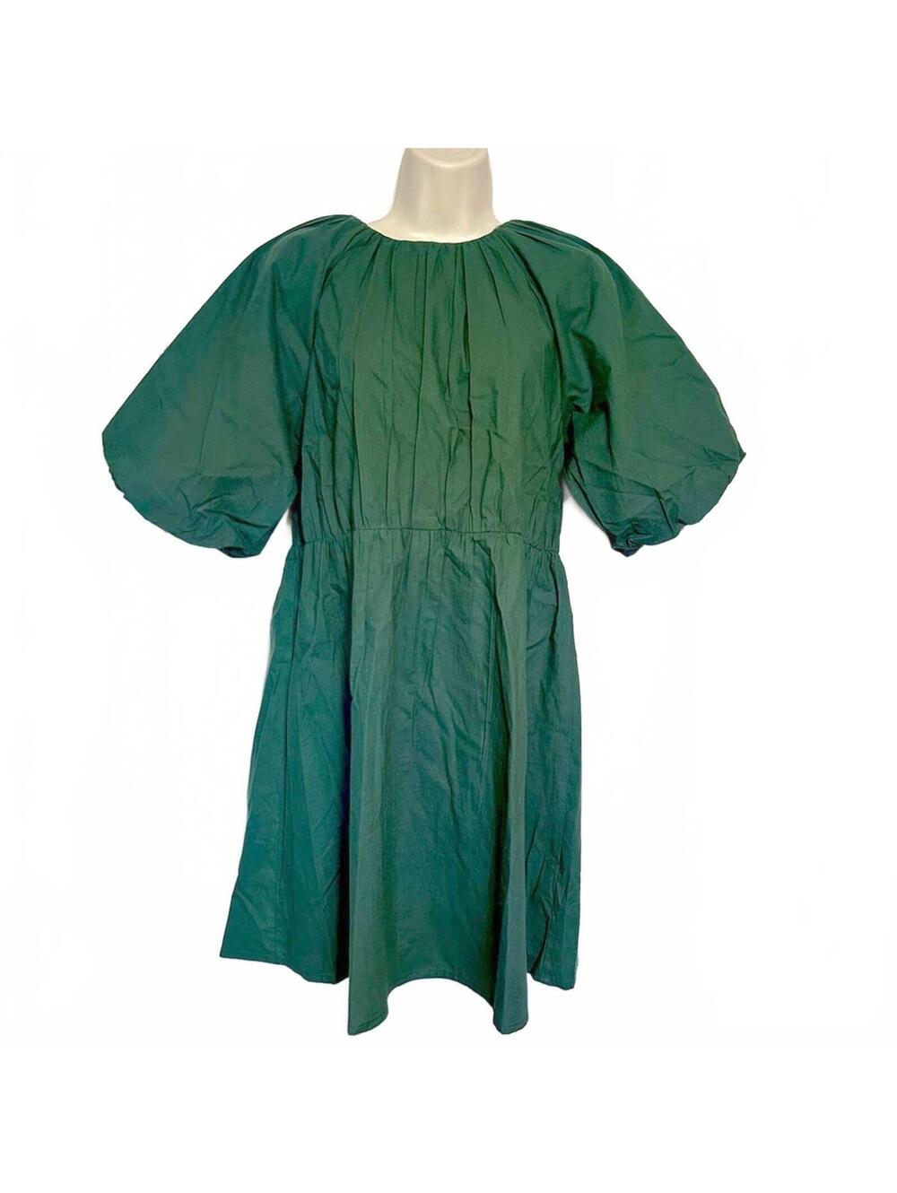 ASOS Pine Green Balloon Half Sleeve Cotton Micro Pleated Dress | Size 2